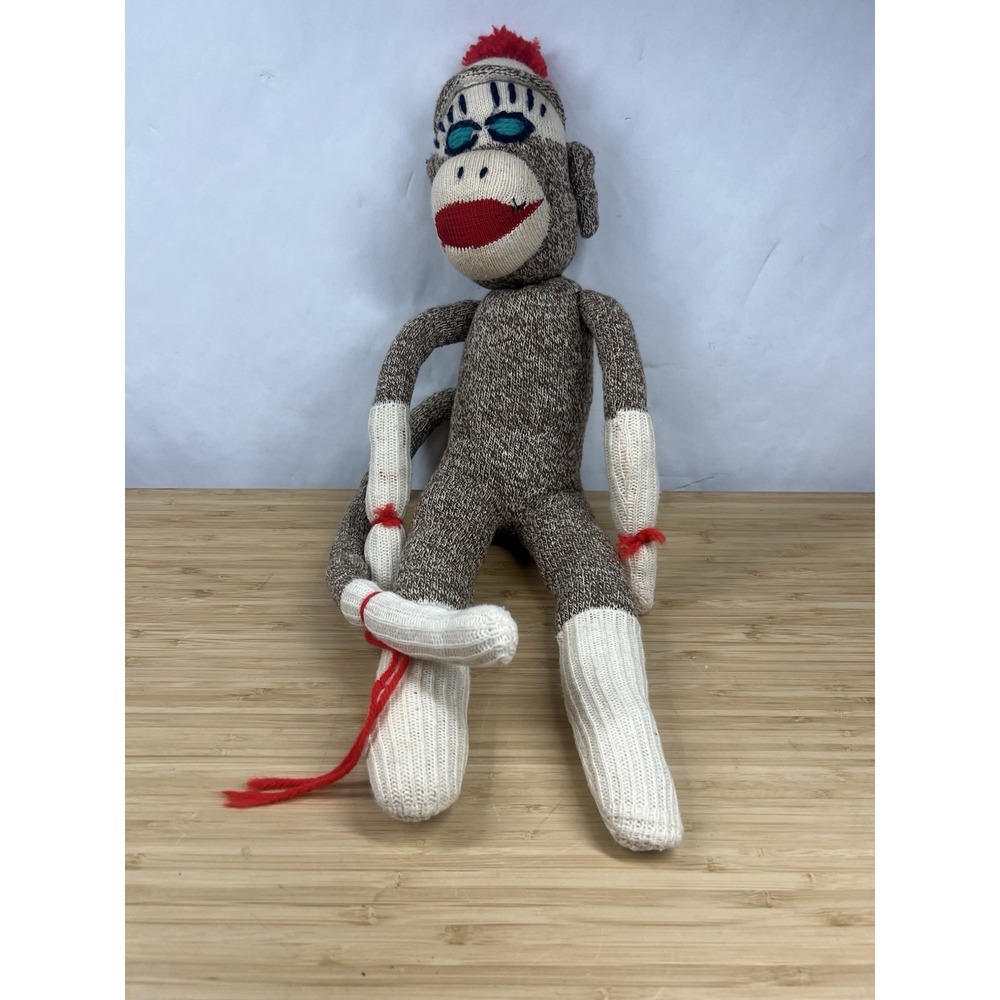 Vintage Sock Monkey Doll Knit Plush Red Heel Style Handmade 20"‎